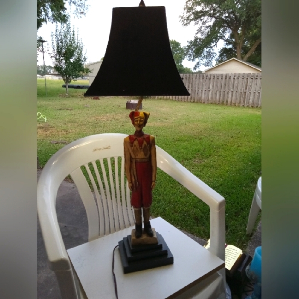 Vintage Jester Clown Harlequin Court Figurine Lamp on Wooden Base 28"h